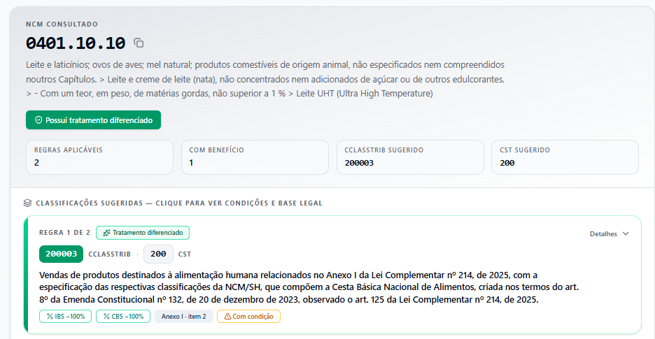 Tela de consulta de NCM e serviços